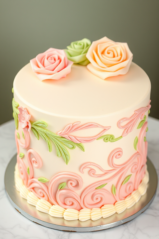 Create an image of an elegantly decorated cake featuring intricate frosting designs in soft pastel colors including pink green and cream the cake should have ornate piping that resembles floral patterns with roses and decorative fringes on the sides and a smooth finish on the top showcasing an aesthetic and luxurious appearance
