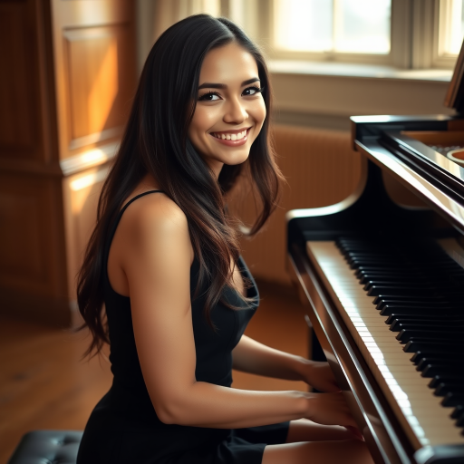 A young woman with long, dark hair smiles at the viewer as she sits at a grand piano, her right hand poised over the keys. The scene is lit by warm, natural light, highlighting the elegant simplicity of the woman's black dress. The perspective is from the side, emphasizing the contrast between the woman's delicate form and the grand scale of the piano. The ivory keys and dark wood of the piano create a striking visual contrast, further emphasized by the rich black of her dress.