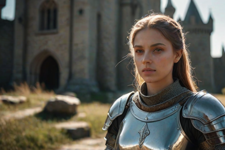 portrait of a girl, the most beautiful in the world, (medieval armor), metal reflections, upper body, outdoors, intense sunlight, far away castle, professional photograph of a stunning woman detailed, sharp focus, dramatic, award winning, cinematic lighting, octane render, unreal engine, volumetrics dtx, (film grain, bokeh, blurry foreground, blurry background), crest on chest