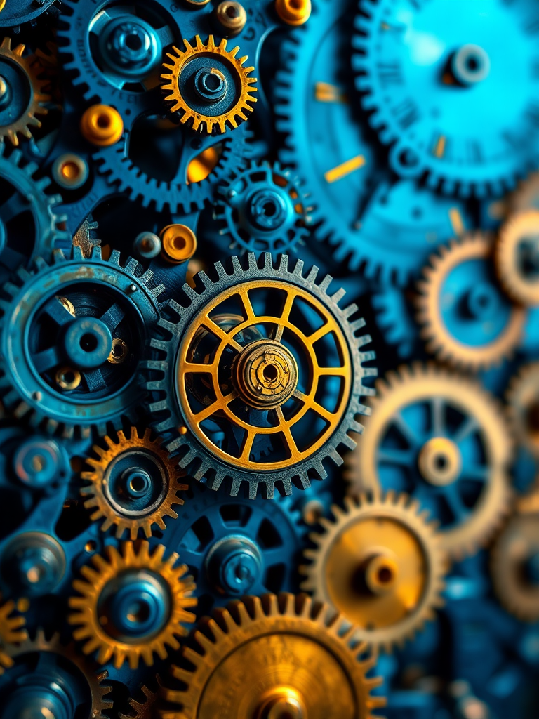 Generate a high-resolution abstract image featuring intricate patterns of gears and clocks in blue and gold tones, using a Canon EOS 5D Mark IV camera, f/8 aperture, ISO 100, 24mm lens, portrait view, studio lighting, and HDR imaging to enhance detail and vibrancy.
