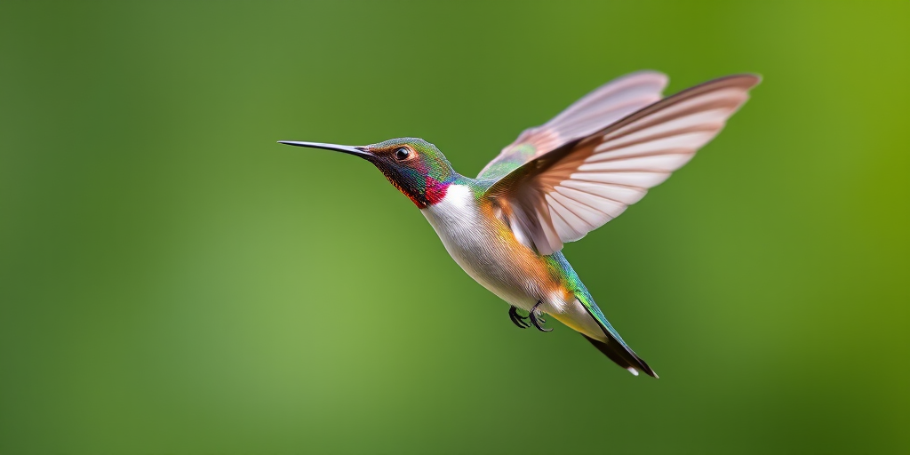 hummingbird in mid-flight with iridescent plumage, captured with a Canon EOS 5D Mark IV, 100mm lens, f/4 aperture, 1/1000 sec shutter speed, ISO 800, soft green blurred background, natural lighting, high detail and vibrant colors