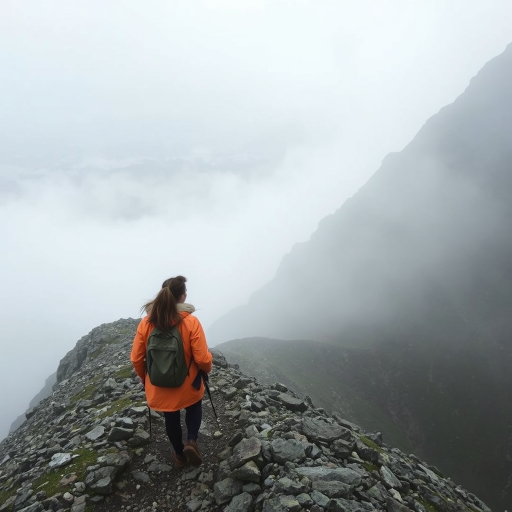 Foggy mountain pass, with thick mist swirling around the peaks, a woman in a bright jacket navigates the rocky trail, her breath visible in the cold air as she makes her way up the path.