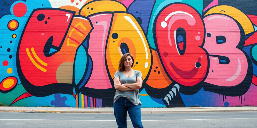 Vibrant street mural, with abstract shapes and bright colors, a woman stands in front of the massive artwork, her arms crossed as she admires the bold design.