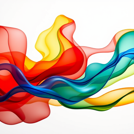 Create an abstract composition of flowing shapes and colors blending into each other, using vivid reds, greens, blues, and yellows, captured in high resolution with a Canon EOS R5, 50mm lens, f/1.8 aperture, ISO 100, and a 1/200s shutter speed, in a soft-lit studio environment to enhance vibrancy and depth.