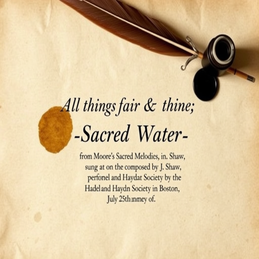 Create a vintage-style image of an old parchment paper featuring a quill and ink stain, with the text "All things fair & bright are thine, Sacred Water, from Moore's Sacred Melodies, composed by J. Shaw, sung at the Centenary performed by the Handel and Haydn Society in Boston, July 25th, in memory of" displayed elegantly, captured with a DSLR camera at f/2.8 aperture, ISO 100, focal length 50mm, natural lighting, top-down view.