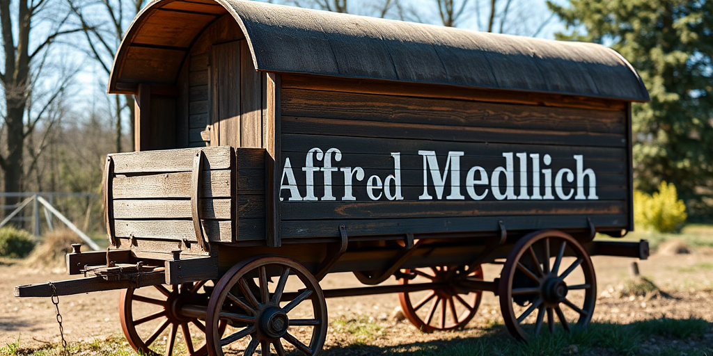Create a high-resolution image of a vintage wooden transport wagon with a curved roof, displaying the faded text "Alfred Medlich" in white on the side, captured with a DSLR camera, 50mm lens, f/2.8 aperture, ISO 100, shot in natural light from a low angle to highlight texture and detail.
