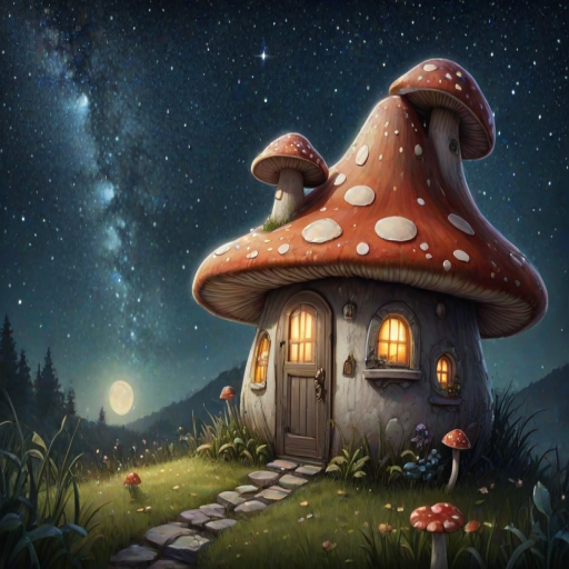 generate illustration of a mushroom house with a door and a window, a storybook , fantasy art, mushroom house, bg starry sky, sparkles