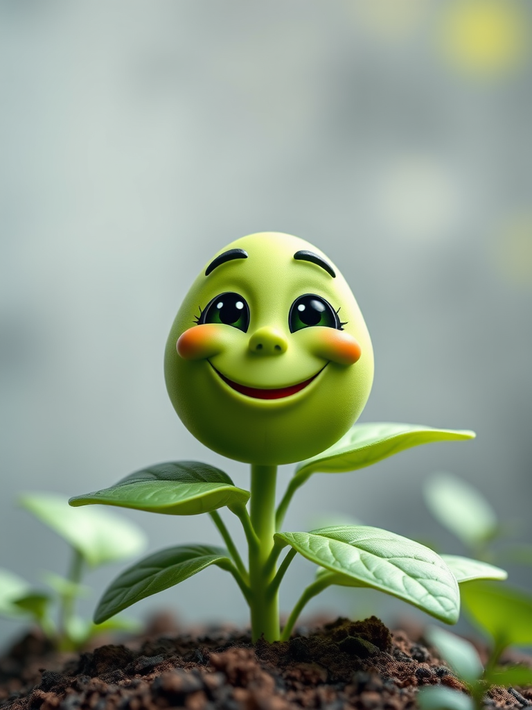 Create a cartoonish image of a smiling green plant with large leaves, using a DSLR camera with a 50mm lens, aperture f/2.8, ISO 100, and a soft focus background effect to enhance image quality.