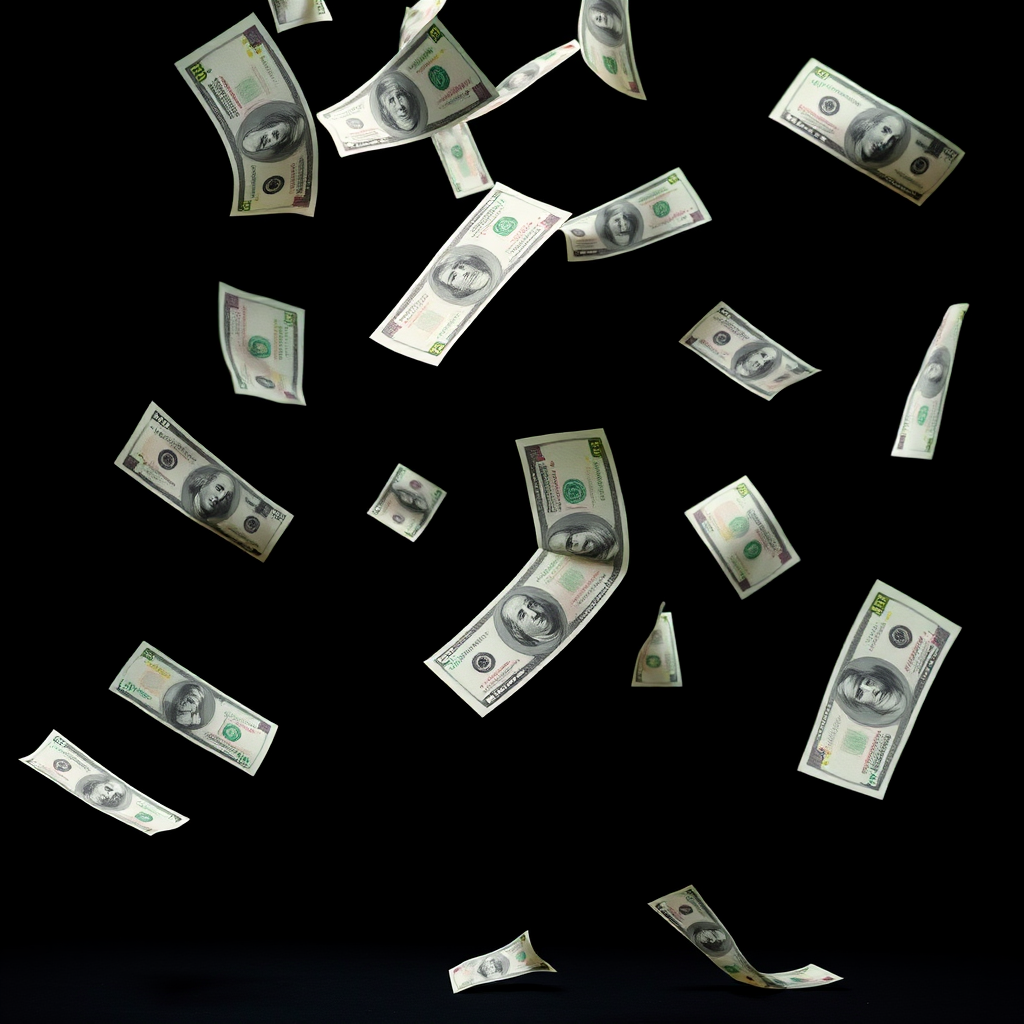 Create an image of banknotes falling gracefully against a black background, captured with a Canon EOS R5, 85mm lens, aperture f/1.4, shutter speed 1/200s, ISO 100, using a softbox lighting setup to enhance shadows and highlights for a dynamic and vibrant effect.