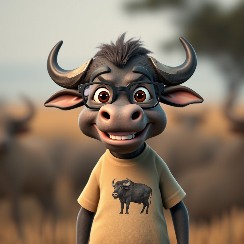 Hyperrealistic 3D render of a smiling cartoon Cape Buffalo wearing glasses and a beige t-shirt with a smaller buffalo image printed on it, missing some teeth, set against a blurred African savanna background, detailed fur, 8k resolution, octane render, artstation trending.