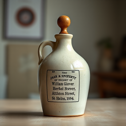 Generate an image of a vintage ceramic jug with a wooden stopper labeled "This jar is the property of William Glover, Herbal Brewer, Atherton Street, St. Helens, 1934" in a softly lit studio setting, using a DSLR camera with a 50mm lens, aperture f/1.8, ISO 200, and a shallow depth of field to create a blurred background for emphasis on the jug.