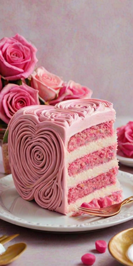 Create an image of a heart-shaped cake decorated with various shades of pink frosting. The cake should have intricate swirls and rosettes on top, showcasing a mix of dark chocolate and pink colors. Place the cake on a simple white plate, with a pink napkin and a gold cake server nearby. The background should be light and minimalistic to emphasize the cake's design.