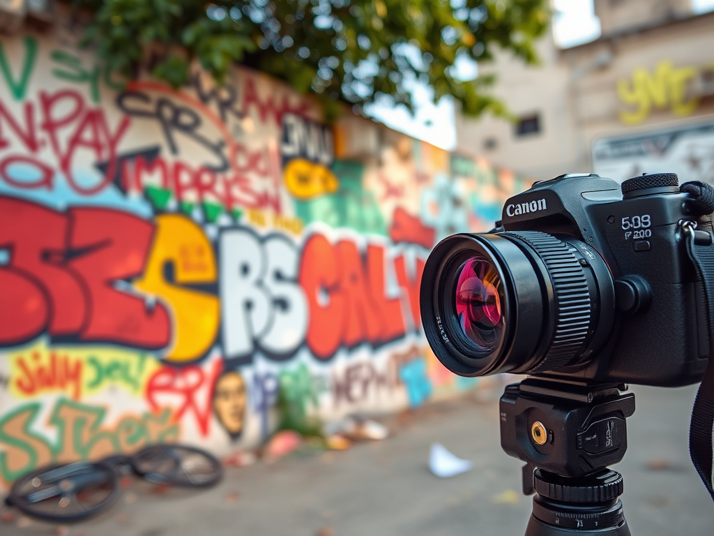 Capture a vibrant, urban scene featuring a wall covered in colorful graffiti, using a DSLR camera with a 24mm lens, aperture set to f/8, ISO 200, at eye level for a clear perspective, in natural daylight to enhance the colors.