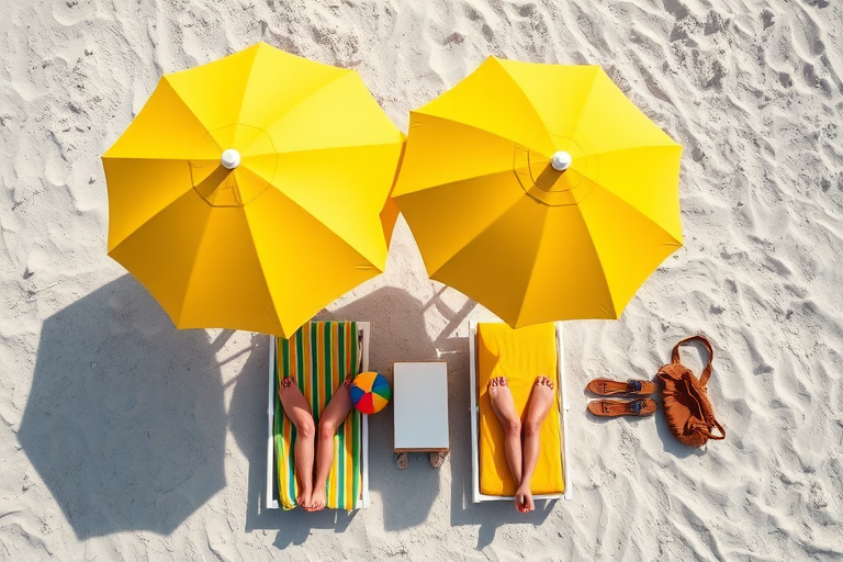 a vibrant beach scene with two beach loungers under large yellow umbrellas, featuring colorful towels, a beach ball, flip-flops, and a stylish bag, captured from a high aerial view with a DSLR camera at f/8, ISO 200, 24mm lens, in bright daylight for enhanced image quality