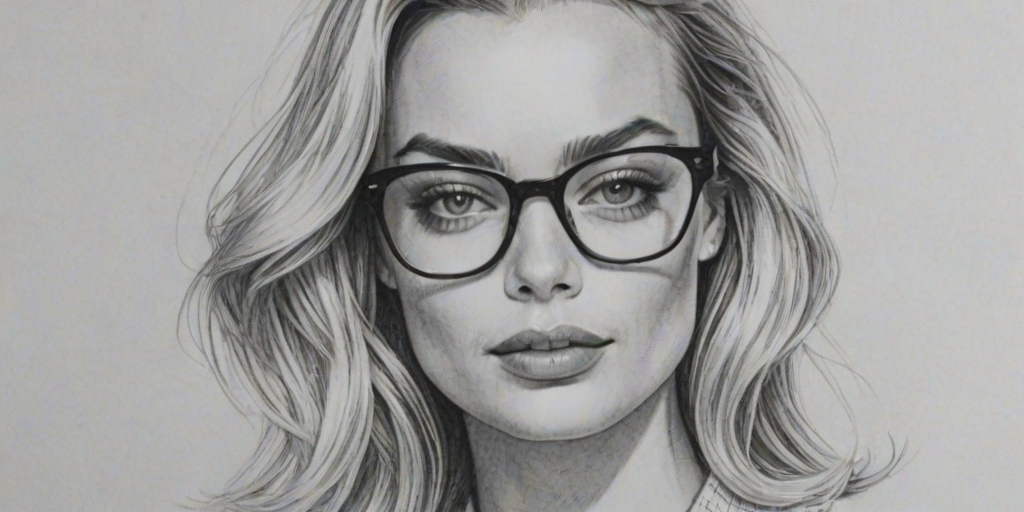 Fetching Margot Robbie, pencil sketch, portrait of Stunning woman 1970s in glasses, hair style beatnik, outline, clear lines, fine lines, 8k