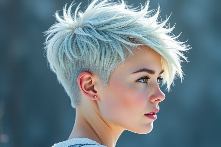 Frosty platinum blonde pixie cut with icy blue tips, Arctic's hair embodies the essence of winter, featuring spiky texture and a swept-back style that resembles windswept snow