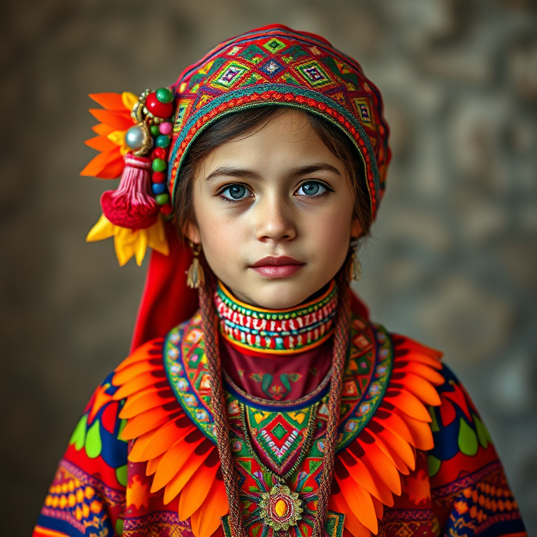 A beautiful Kurdish girl, wearing colorful bird clothing with vibrant colors
