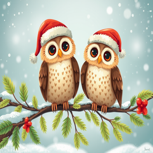 Create a whimsical illustration of two owls wearing festive hats, perched on a branch with winter foliage and a snowy background, shot with a DSLR camera at f/4 aperture, 50mm lens, with soft focus and high saturation for vibrant colors.