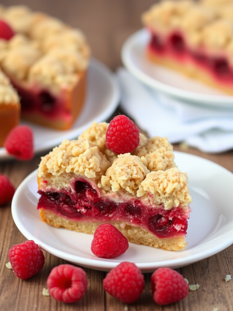 A delicious slice of raspberry crumb cake on a white plate with a wooden background, showcasing a rich layer of berries and a crumbly topping, with some raspberries scattered around.