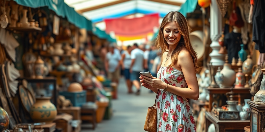 Bustling flea market, with vibrant stalls selling vintage goods and antiques, a woman in a summer dress browses the rows of items, her eyes lighting up as she finds a hidden treasure.
