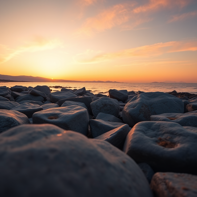 Capture a serene coastal landscape at sunset with smooth rocks in the foreground, distant mountains on the horizon, and calm waters reflecting the sky, using a DSLR camera with a 24mm lens, aperture f/8, shutter speed 1/125s, ISO 100, and a low-angle perspective to emphasize the rocks.