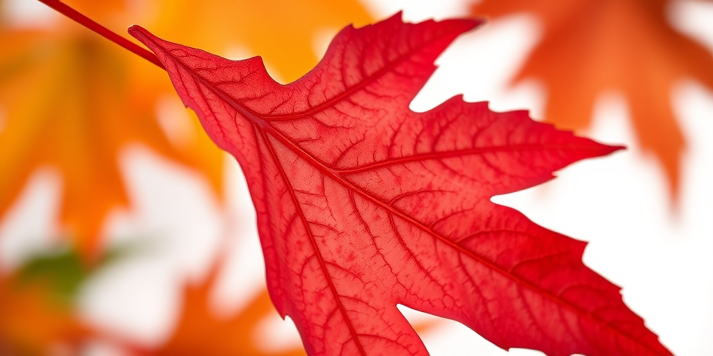Capture a high-resolution close-up of a red maple leaf on a white background, using a DSLR camera at f/2.8 aperture, 1/125 sec shutter speed, ISO 100, in natural light with a shallow depth of field to emphasize detail and texture.