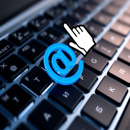 create a high-resolution image of a close-up view of a computer keyboard with a prominent blue 3D at symbol in the center, a hand cursor hovering above it, captured with a DSLR camera at f/2.8 aperture, ISO 100, and a 50mm lens, using a soft focus background effect to enhance visual quality.
