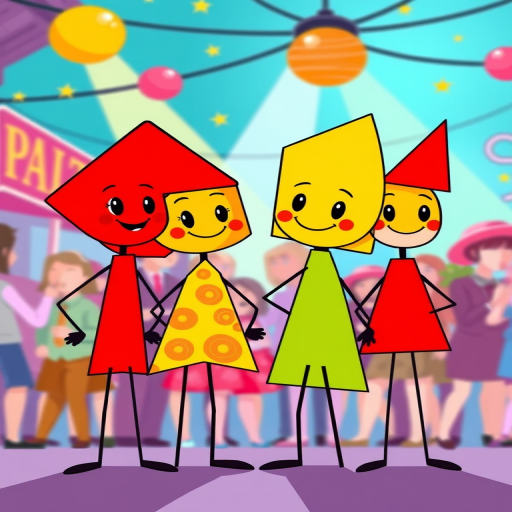 Create a vibrant illustration of four cartoon stick figures with playful expressions, each wearing unique geometric shapes in bright colors: red, yellow with patterns, green, and red again, captured in a lively party atmosphere using a DSLR camera with a 35mm lens, f/1.8 aperture, ISO 200, and a wide-angle view for enhanced image quality.