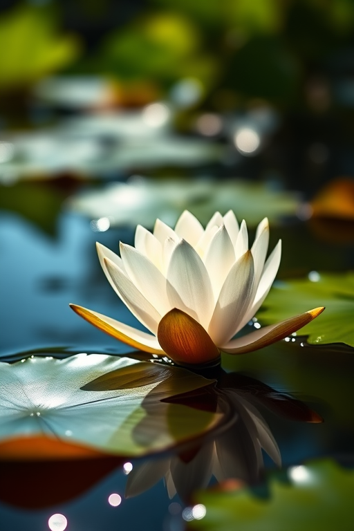Capture a serene water lily in a sunlit pond, use a shallow depth of field, aperture f/2.8, ISO 100, shutter speed 1/200s, shoot from a low angle close to the water surface, using a DSLR camera with a macro lens for enhanced clarity and detail.