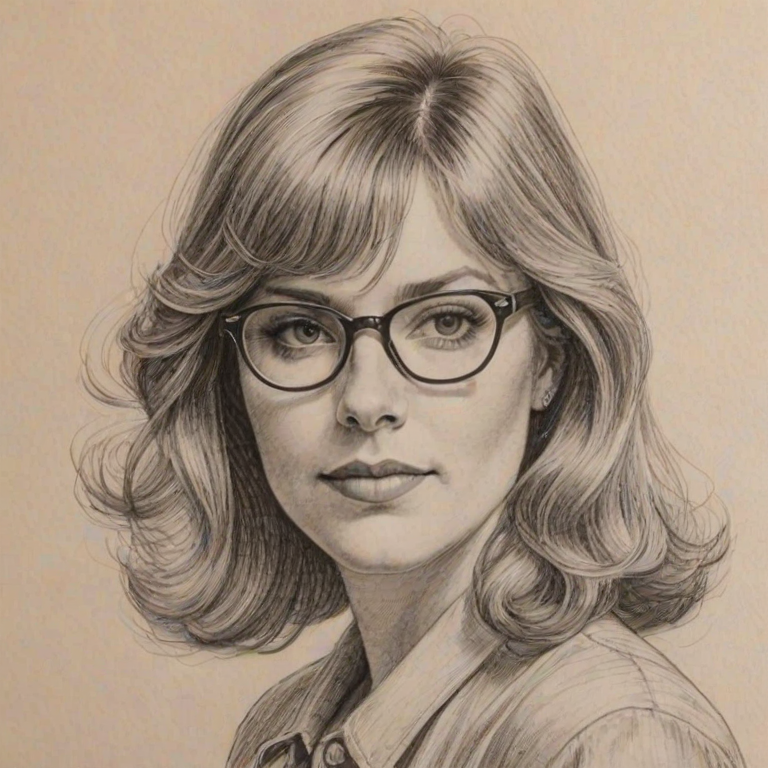 Stunning Retta, pencil sketch, portrait of Bewitching woman 1979s in glasses, hair style beatnik, outline, clear lines, fine lines, 8k