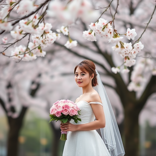 A bride standing under cherry blossom trees, holding a bouquet of pink flowers, soft focus with shallow depth of field, aperture f/1.8, ISO 100, 50mm lens, natural light, taken from a slightly low angle to emphasize the blossoms above her.