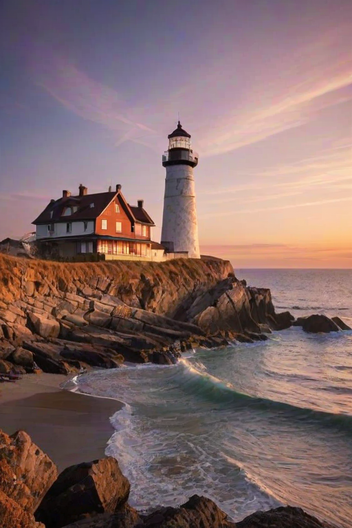 Generate an image of a tall lighthouse perched on a rocky outcrop surrounded by calm ocean waters during a breathtaking sunset. The lighthouse stands sturdy and weathered, its stone surface illuminated by the warm golden light of the setting sun. The sun's rays pass directly through the glass lantern room at the top of the lighthouse, casting a brilliant light across the scene. The sky is painted with vibrant shades of orange, pink, and purple, reflecting off the tranquil sea. The surrounding water shimmers with the same warm hues, creating a serene and majestic atmosphere.