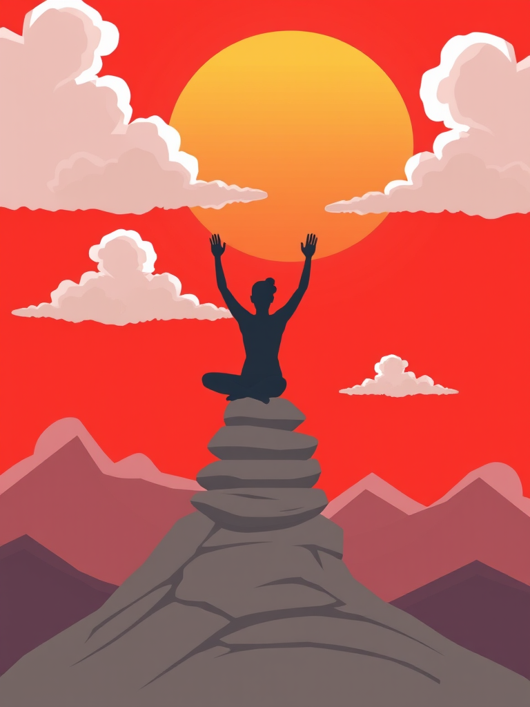 Create an illustration of a person practicing yoga with a stone stack on a mountain, against a red sky with a large sun and fluffy clouds, using a DSLR camera with a 50mm lens, f/1.8 aperture, 1/200s shutter speed, and ISO 100 for clarity and vibrant colors.