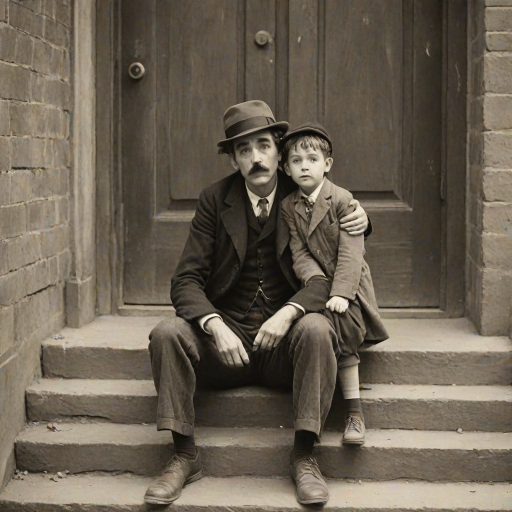 A black-and-white photograph of a man and a child sitting on steps in front of a doorway. The man is dressed as a tramp with a bowler hat, mustache, and ragged clothes, reminiscent of Charlie Chaplin's iconic look. He is sitting with his arms crossed and an expression of slight sadness or frustration. Next to him is a young boy, also in worn clothes and a cap, sitting with his hands clasped, looking thoughtful. The background is an old, textured wall and a partially open door, creating a vintage, early 20th-century atmosphere.