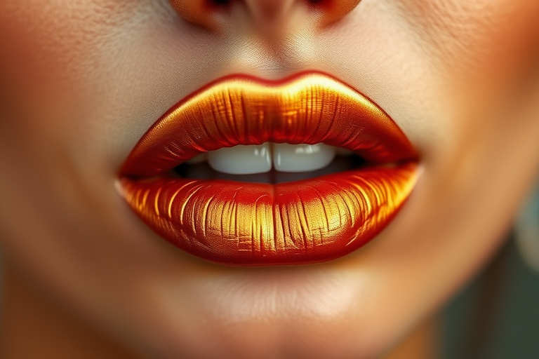 Metallic bronze lips with a rich, warm undertone, perfect for creating a sun-kissed, goddess-like appearance