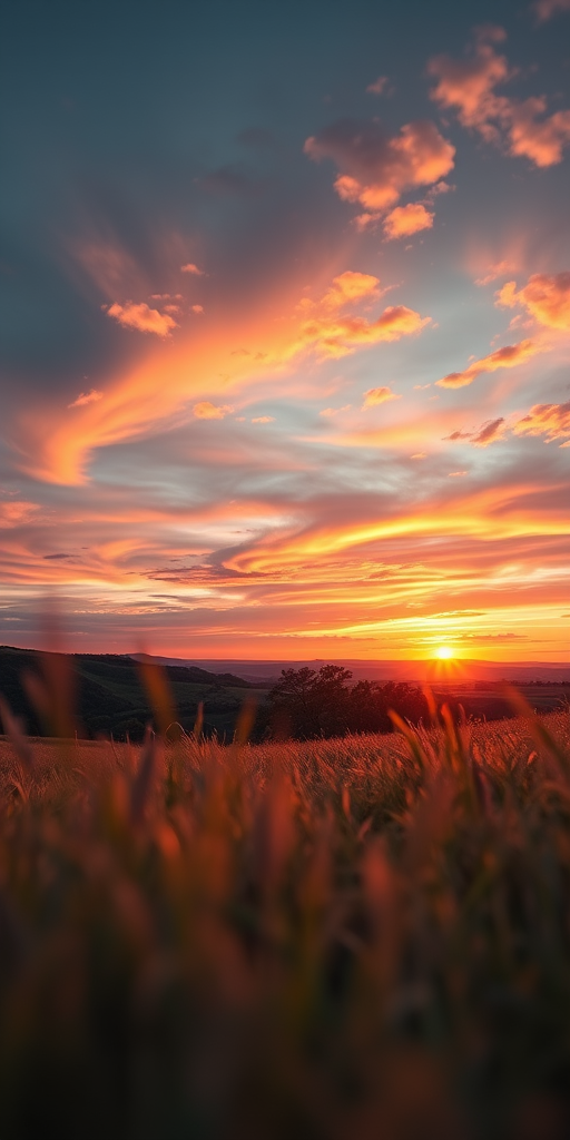 Create a high-resolution image of a serene landscape at sunset with vibrant colors, using a Canon EOS R5 camera, 35mm lens, aperture f/2.8, ISO 100, and a low-angle perspective to enhance foreground details and depth.