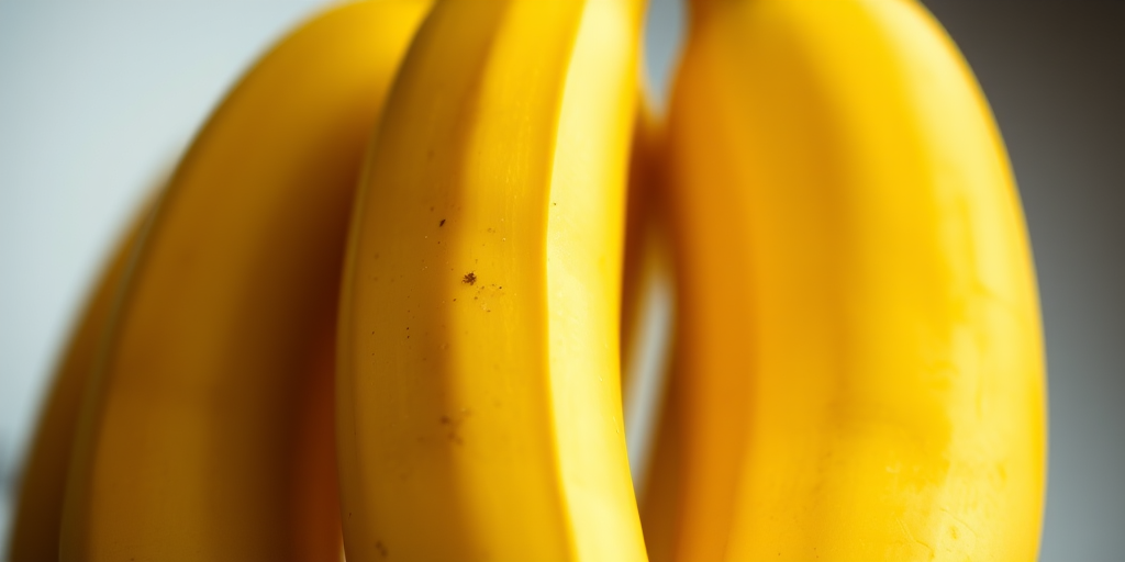Generate a realistic image of three yellow bananas with vibrant colors, using a DSLR camera, 50mm lens, f/2.8 aperture, ISO 100, and a natural light setting, capturing a close-up view to enhance texture and detail.
