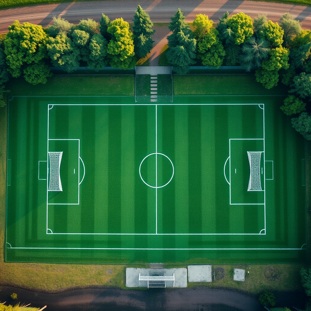 aerial view of a well-maintained soccer field with vibrant green grass, clear white markings, two goalposts at each end, and surrounded by trees, shot with a DSLR camera at f/8, ISO 100, 1/200 sec, using a wide-angle lens for a crisp, high-resolution image