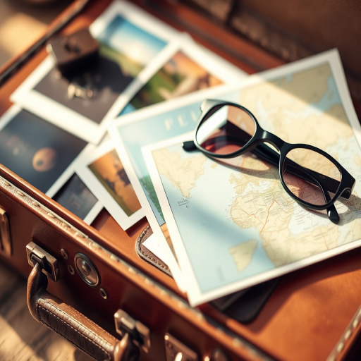 Close-up of a vintage suitcase packed with travel essentials, soft light illuminating postcards, a map, and a pair of sunglasses resting on top.