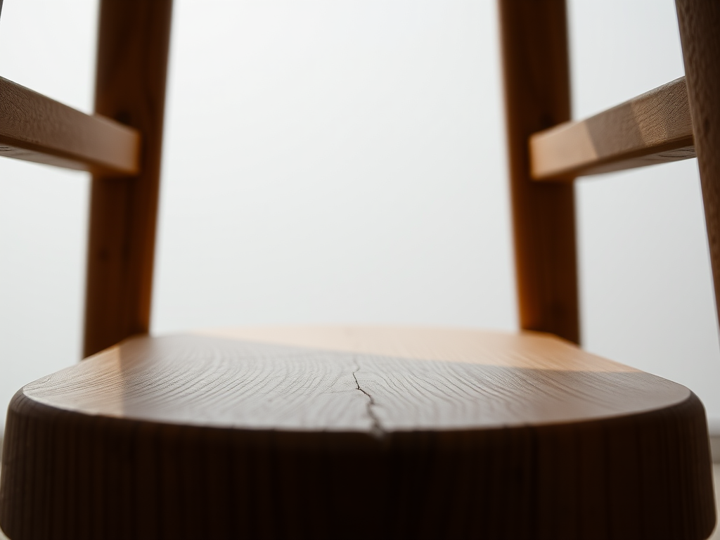 Create a high-resolution image of a wooden stool with a textured surface, captured from a low angle view using a DSLR camera, aperture f/4, ISO 100, and 50mm lens, with natural lighting to enhance details and shadows.