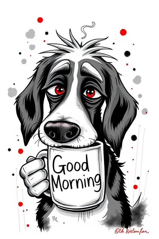 A quirky, artistic illustration of a disheveled bagle hound dog breed with exaggerated, large eyes and spiky fur, holding a coffee mug that reads "Good Morning". The dog has a tired but humorous expression, with ink splatters and abstract details surrounding it, giving a whimsical feel to the image. The color palette is mostly monochrome with hints of red in the eyes and steam rising from the mug, enhancing the overall sleepy vibe
