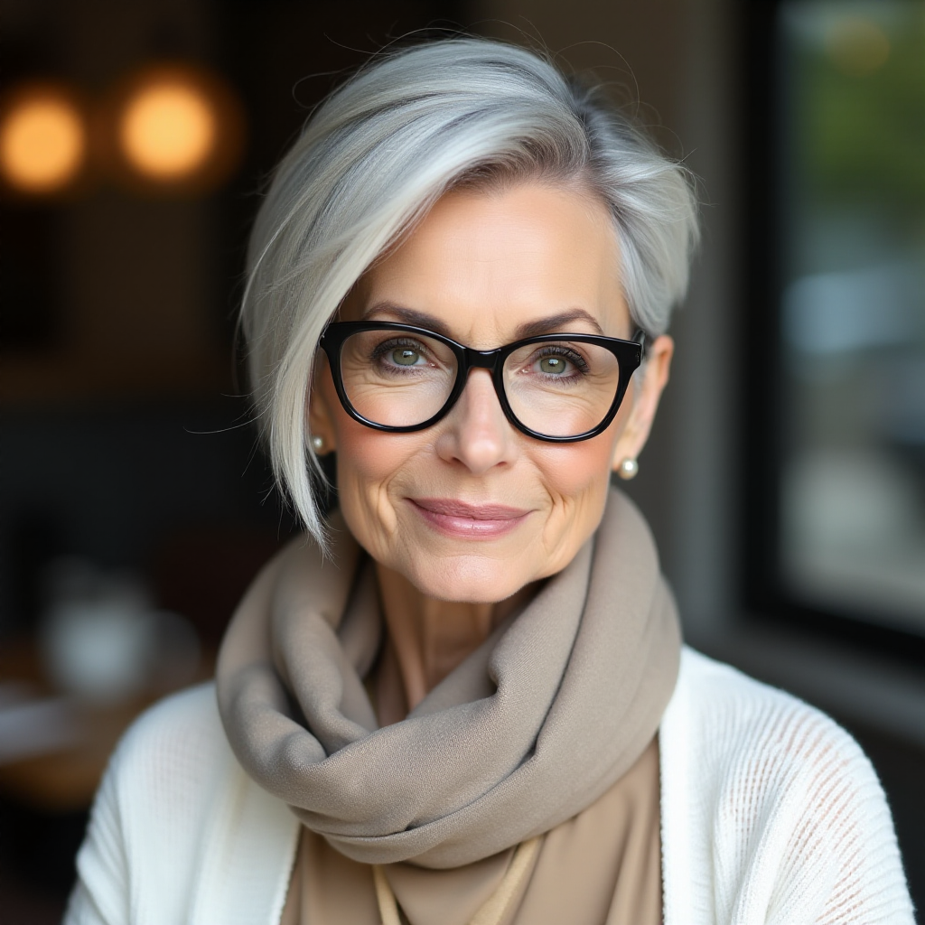 Portrait of a mature woman with short silver hair, styled in an asymmetrical pixie cut with side bangs. She wears black-framed glasses and a beige blouse with a white cardigan over it, as well as a bulky scarf in neutral tones. The woman is indoors with soft lighting and a blur in the background. Her expression is serene and confident, highlighting her elegance and modern style.