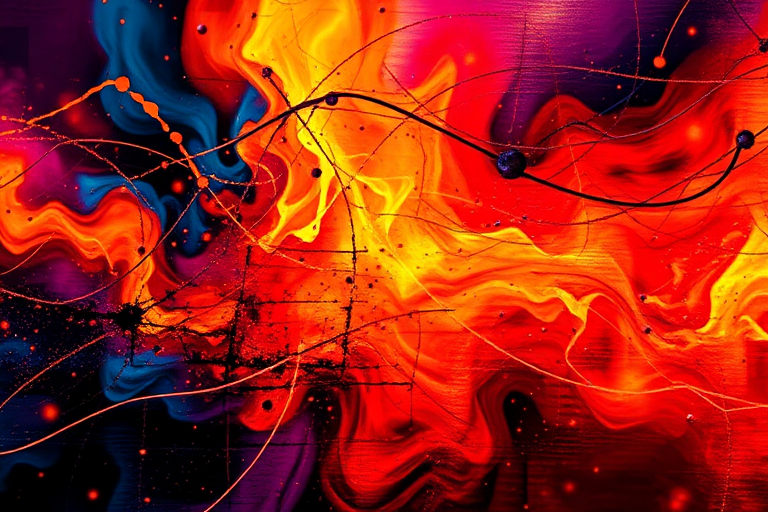 Create an abstract digital artwork with vivid colors and a textured appearance resembling fiery chaos, using a high-resolution setting of 4000x3000, a DSLR camera type for clarity, a wide-angle lens with an f-stop of 8 for depth of field, and a soft focus background to enhance the vibrant details.