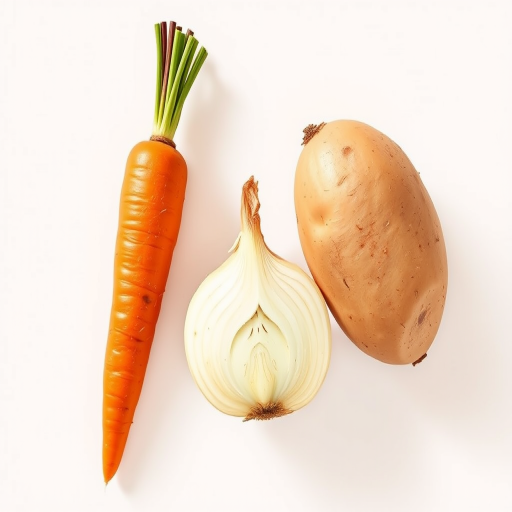 Generate a vibrant illustration of a carrot, onion, and potato on a clean background, using a Canon EOS R5 camera at f/2.8 aperture, ISO 100, and a 50mm lens, top-down view with soft natural lighting for enhanced color saturation and detail.