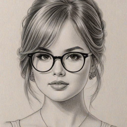 Delightful Debby Ryan, pencil sketch, portrait of Enticing woman 1962s in glasses, hair style beatnik, outline, clear lines, fine lines, 8k