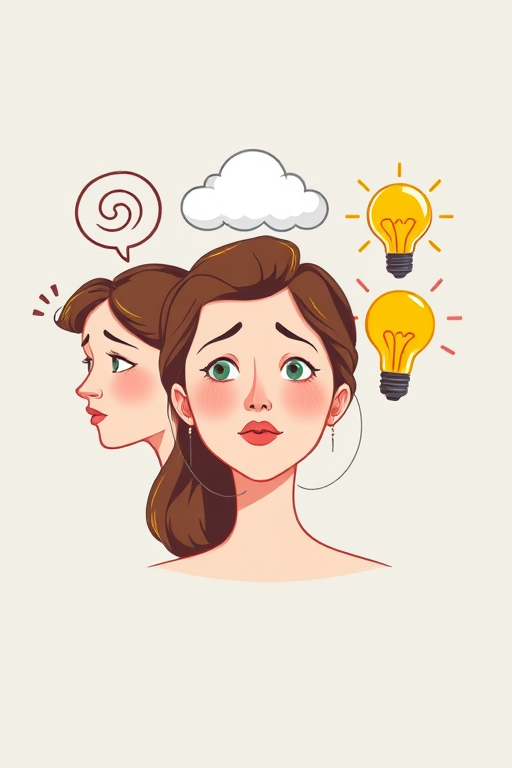 Create an illustration of a woman with three different expressions: confused with a swirl above her head, thoughtful with a cloud above her head, and enlightened with a light bulb above her head, using a soft color palette, captured at f/4.0 aperture, 50mm lens, and natural light to enhance image quality.