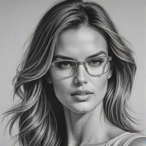 Graceful Alessandra Ambrosio, pencil sketch, portrait of Radiant woman 1971s in glasses, hair style beatnik, outline, clear lines, fine lines, 8k