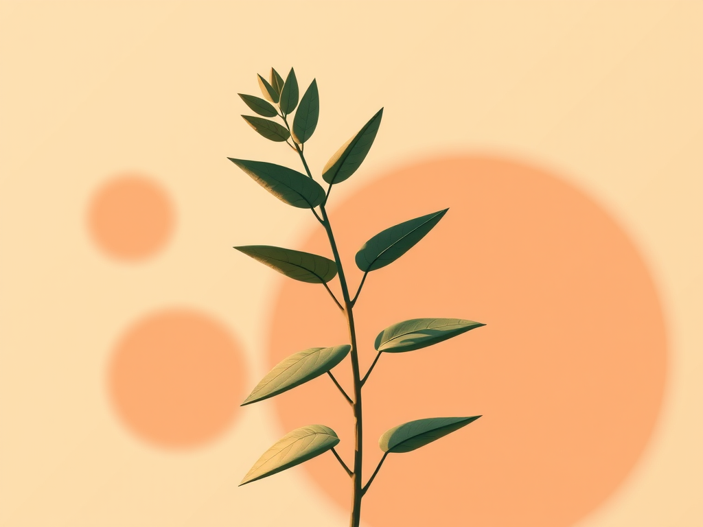 Create a high-resolution digital illustration of a stylized plant with abstract circular shapes in the background, using a soft color palette of warm earth tones, taken with a Canon EOS R5, 50mm lens, f/8 aperture, ISO 100, natural light, and a slight bokeh effect to enhance depth.