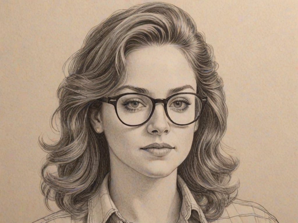 Delightful Ashley McBryde, pencil sketch, portrait of Fetching woman 1980s in glasses, hair style beatnik, outline, clear lines, fine lines, 8k