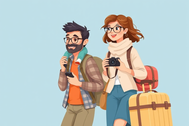 Create an illustration of a family traveling, featuring a dad with glasses and a child on his shoulders, a mom holding a camera, and two suitcases in pastel colors, set against a soft blue background, captured with a DSLR camera, 50mm lens, f/2.8 aperture, 1/200 sec shutter speed, natural light.
